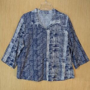 Habitat Shirt Womens XXL Blue Linen Cotton Blend Geometric Resortwear Boho Artsy